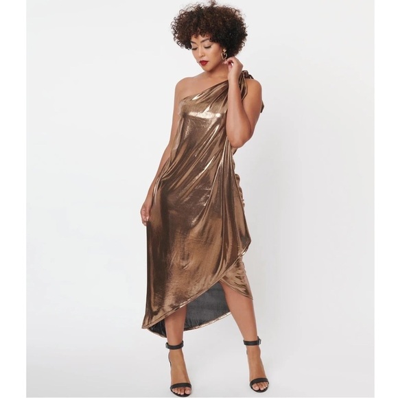 Unique Vintage Bronze One-Shoulder Dress - Picture 2 of 12